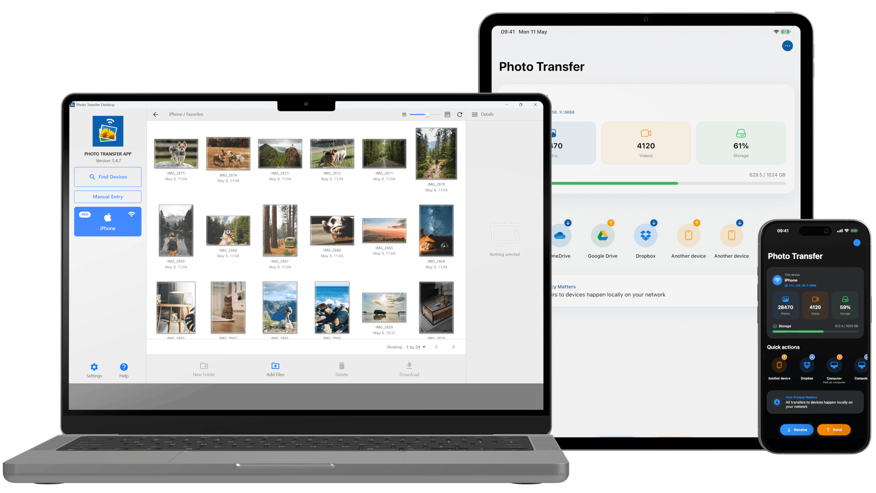 Photo Transfer App running on iPhone, iPad, and MacBook — photos transferring between devices over local WiFi