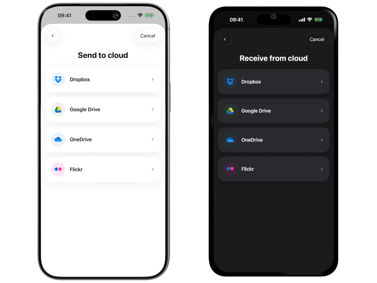 Photo Transfer App showing the cloud-service chooser — Dropbox, Google Drive, OneDrive, and Flickr