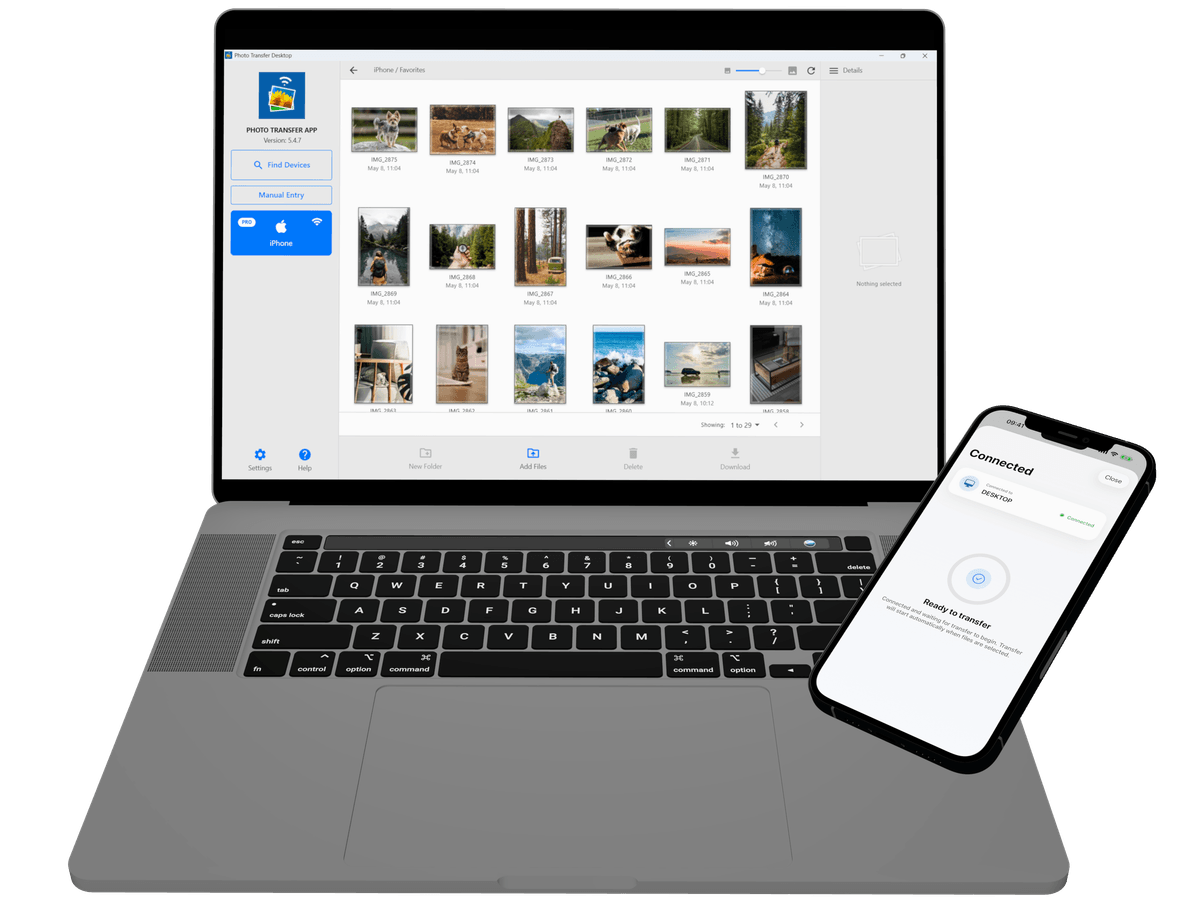 Photo Transfer App on iPhone sending photos to the desktop app on a MacBook