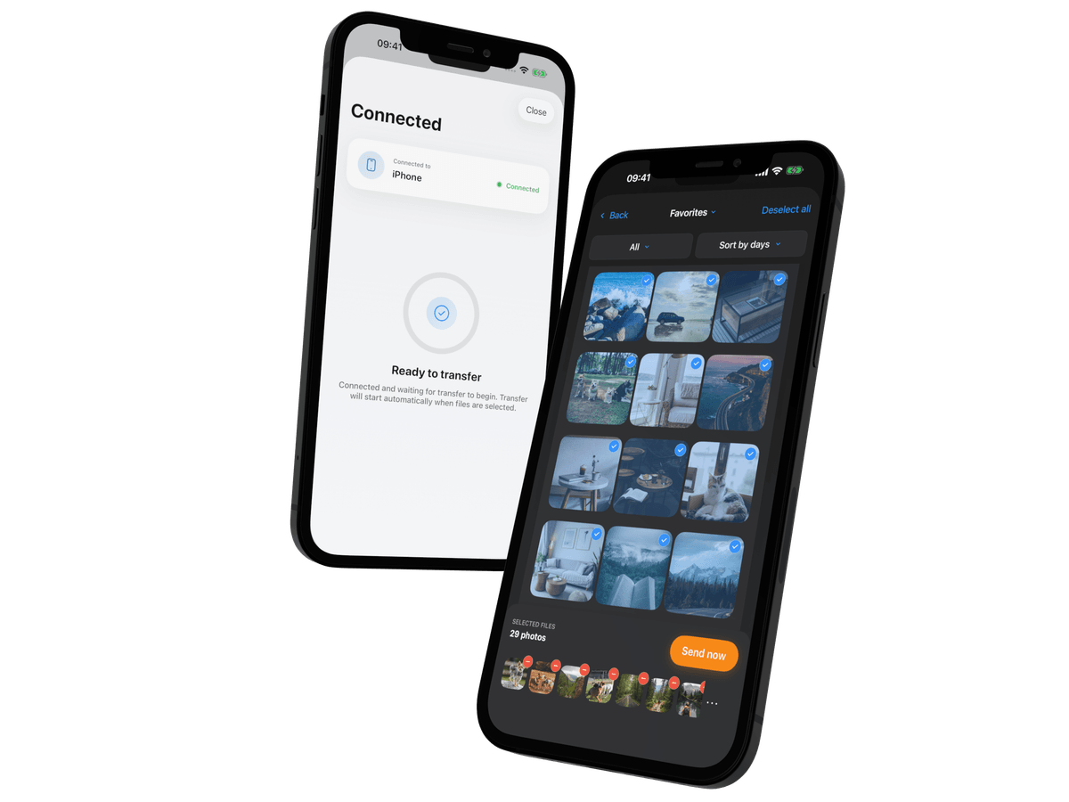 Photo Transfer App on two phones — iPhone and Android — discovering each other over WiFi